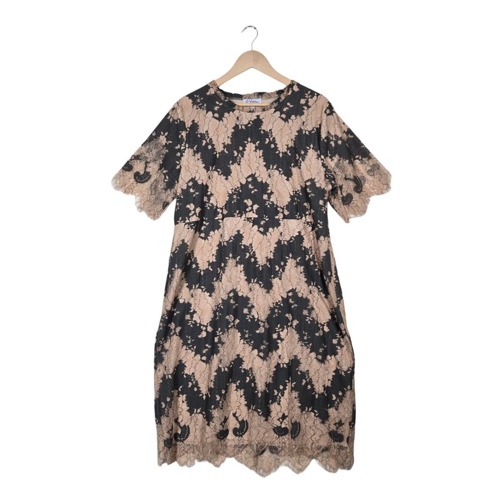 Polagram Lace Dress 1X Gray Nude Eyelash Lace Scalloped Hem Romantic